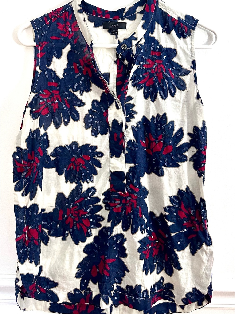 J.Crew Sequin Floral Sleeveless Top 00 Cotton Navy Red White Shell Blouse
